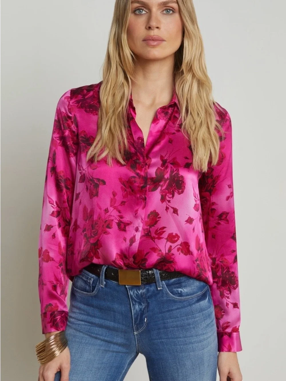 L’Agence Tyler Silk Floral Split-Neck Button Front Blouse - Fuchsia Pink size M - Picture 1 of 10
